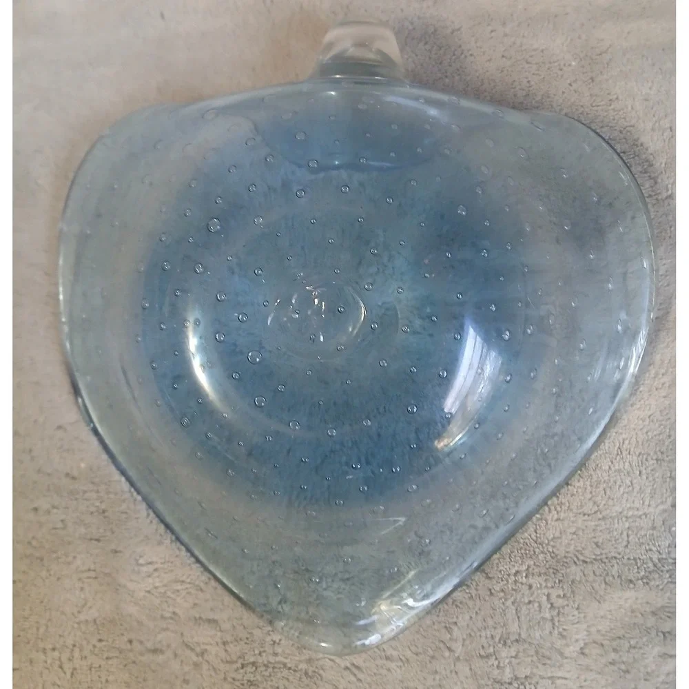 Vintage Blue Controlled Bubble Art Glass Heart Shaped Nappy Bowl with Handle MCM